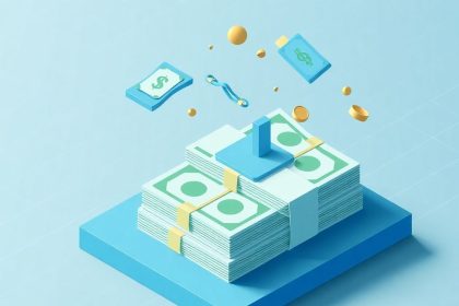 Isometric cash stack with floating financial elements.