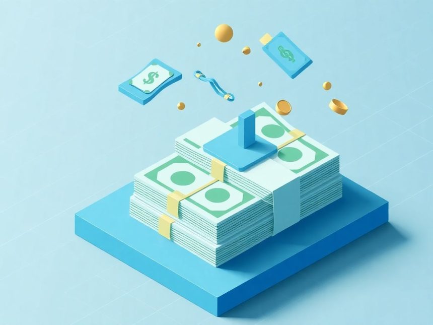 Isometric cash stack with floating financial elements.