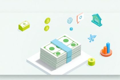 Isometric blog header with cash and tax elements.