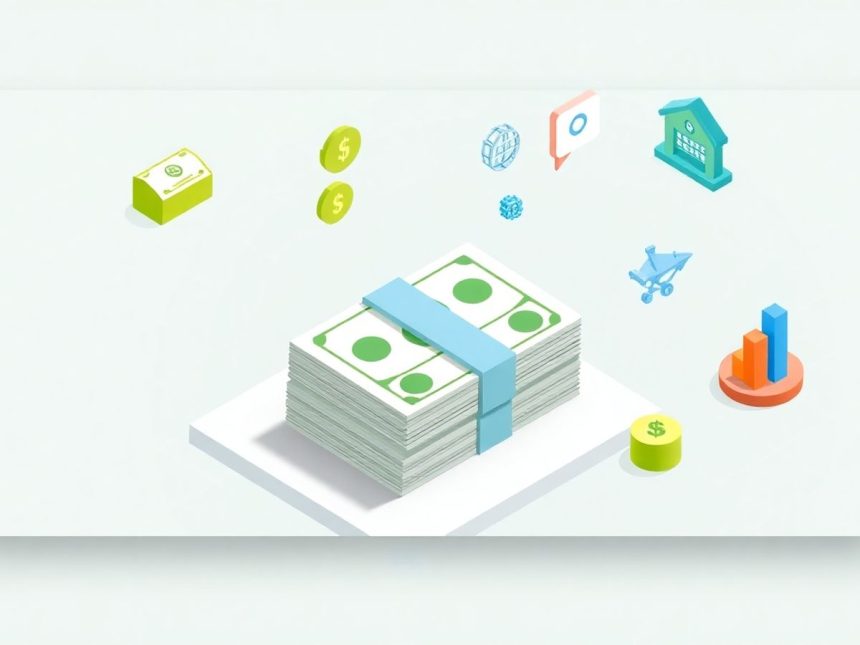 Isometric blog header with cash and tax elements.