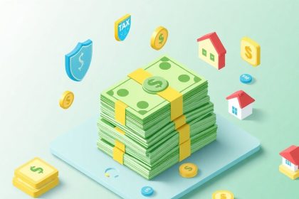 Isometric cash stack with floating financial elements.