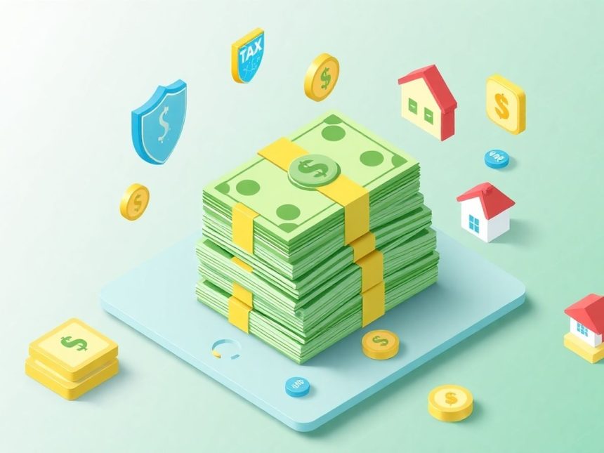 Isometric cash stack with floating financial elements.