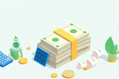 Isometric blog header with cash and floating tax elements.