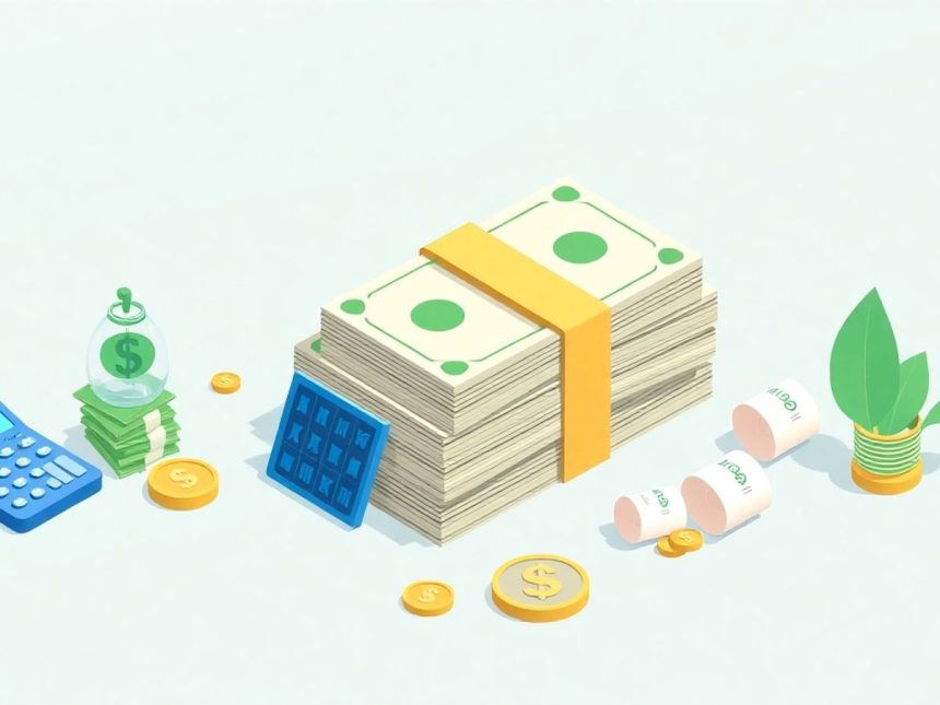 Isometric blog header with cash and floating tax elements.