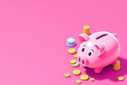 Isometric piggy bank with coins and cash illustration.