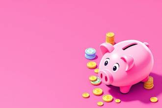 Isometric piggy bank with coins and cash illustration.