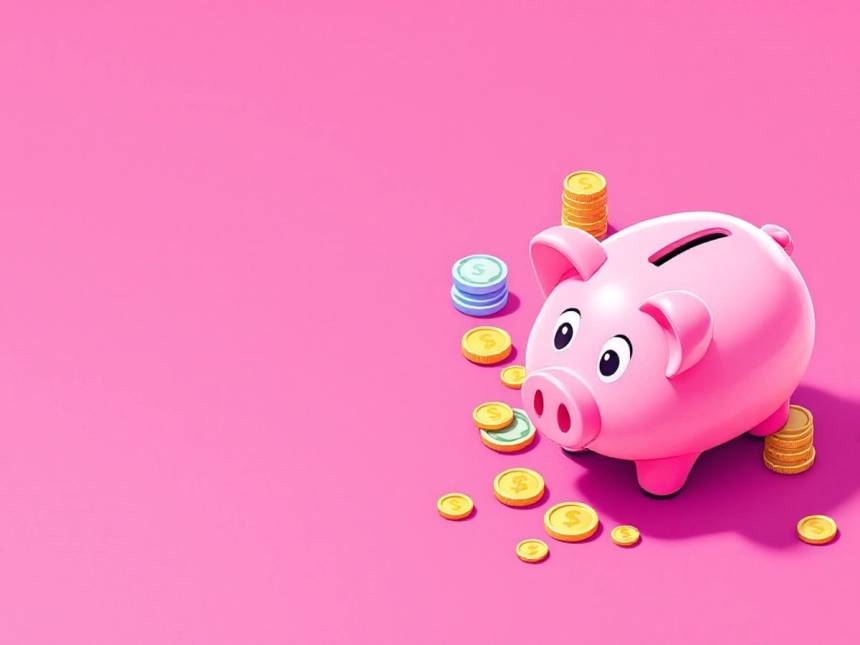 Isometric piggy bank with coins and cash illustration.