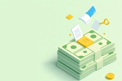 Isometric cash stack with floating financial elements.