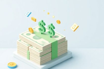 Isometric cash stack with floating financial elements.