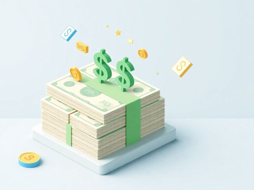 Isometric cash stack with floating financial elements.