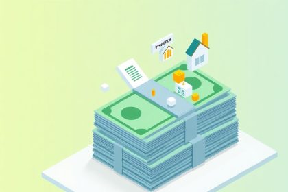 Isometric cash stack with floating financial elements.