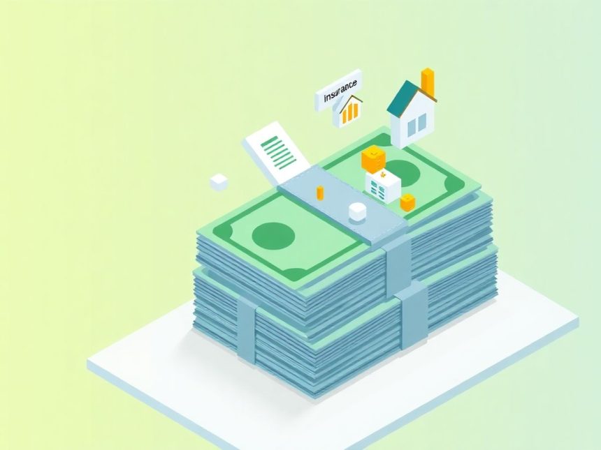 Isometric cash stack with floating financial elements.