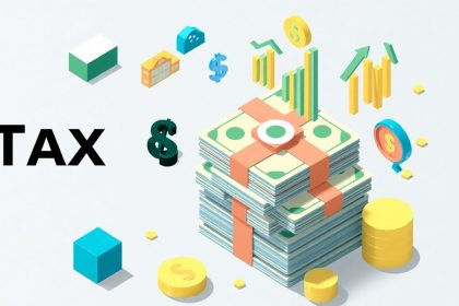 Isometric blog header with cash and tax-related elements.