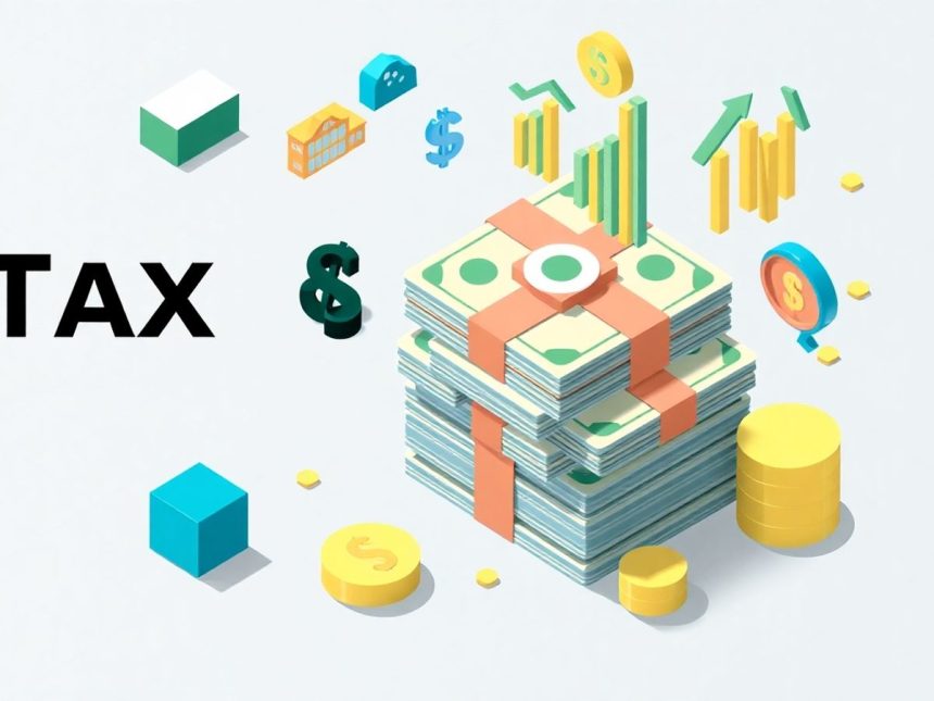 Isometric blog header with cash and tax-related elements.