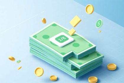 Isometric cash stack with floating financial elements.