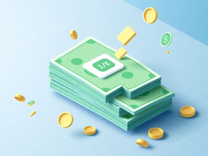 Isometric cash stack with floating financial elements.