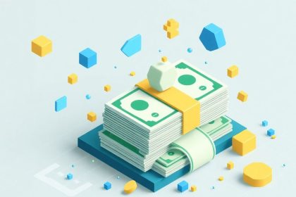 Isometric cash stack with floating business elements.