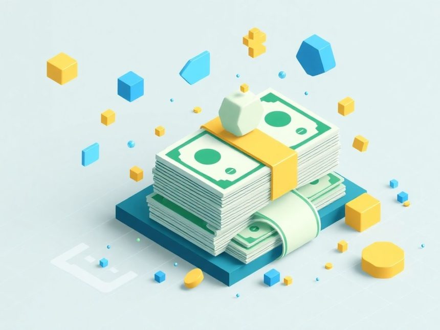 Isometric cash stack with floating business elements.