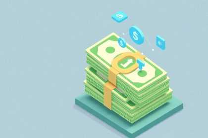 Isometric cash stack with floating financial elements.