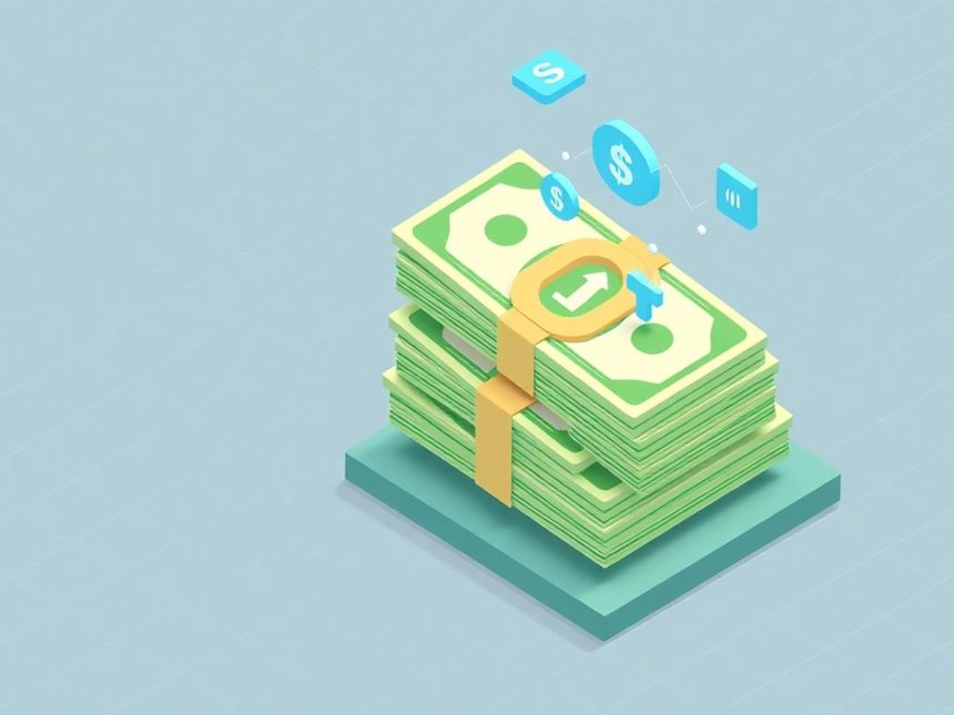 Isometric cash stack with floating financial elements.