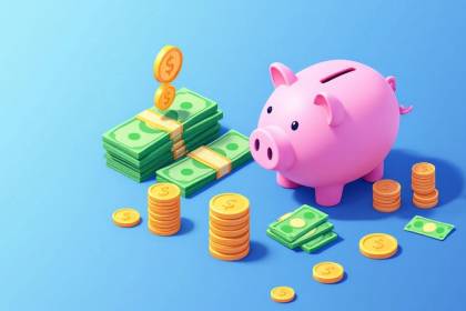 Isometric image of piggy bank and coins on solid background.