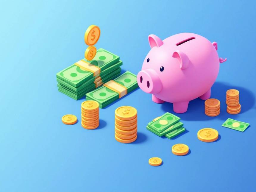 Isometric image of piggy bank and coins on solid background.