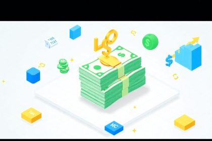 Isometric cash stack with floating elements related to taxes.