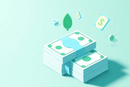 Isometric cash stack with floating 3D elements and shapes.