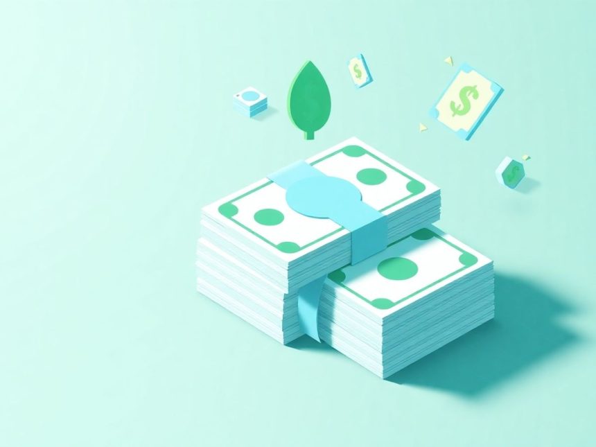 Isometric cash stack with floating 3D elements and shapes.