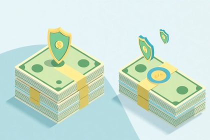 Isometric cash stack with floating shield icons.