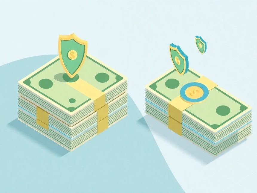 Isometric cash stack with floating shield icons.