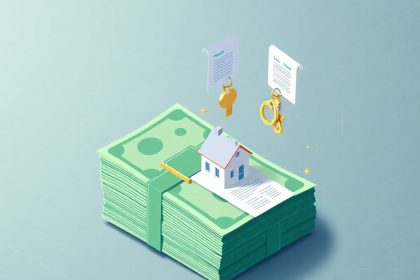 Isometric cash stack with house and key elements.