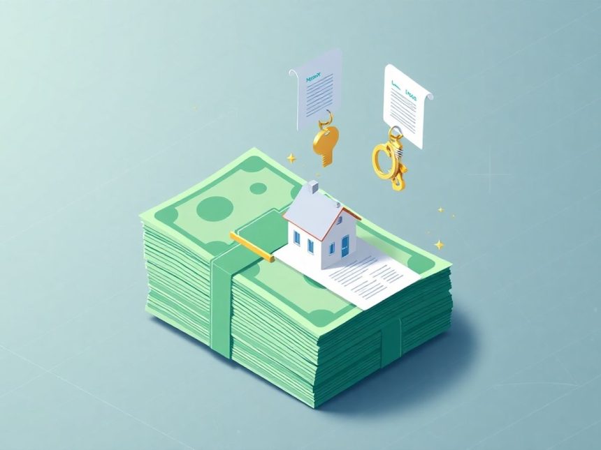 Isometric cash stack with house and key elements.