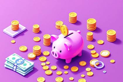 Isometric piggy bank with coins and cash on solid background.