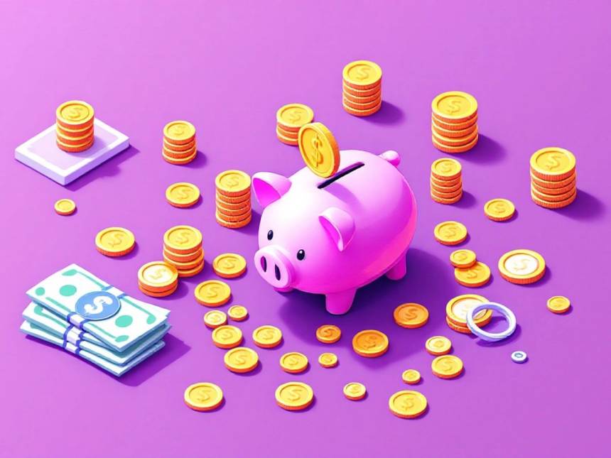 Isometric piggy bank with coins and cash on solid background.