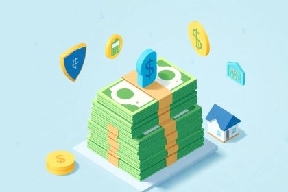 Isometric blog header with cash and floating elements.