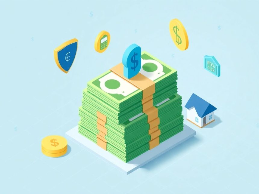 Isometric blog header with cash and floating elements.