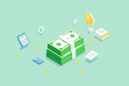 Isometric cash stack with floating financial elements.