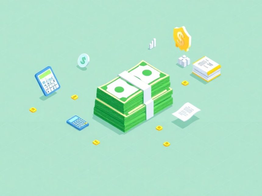 Isometric cash stack with floating financial elements.