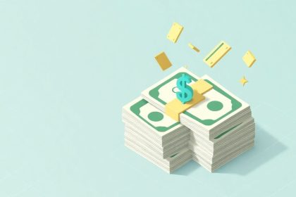 Isometric cash stack with floating 3D elements.