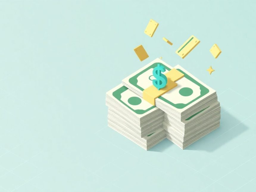 Isometric cash stack with floating 3D elements.