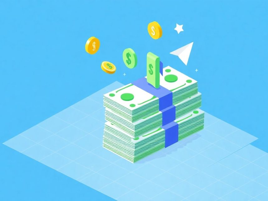 Isometric cash stack with floating tax-related elements.