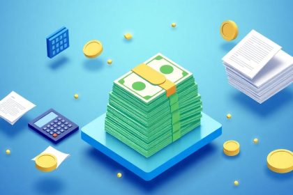 Isometric cash stack with floating tax-related elements.