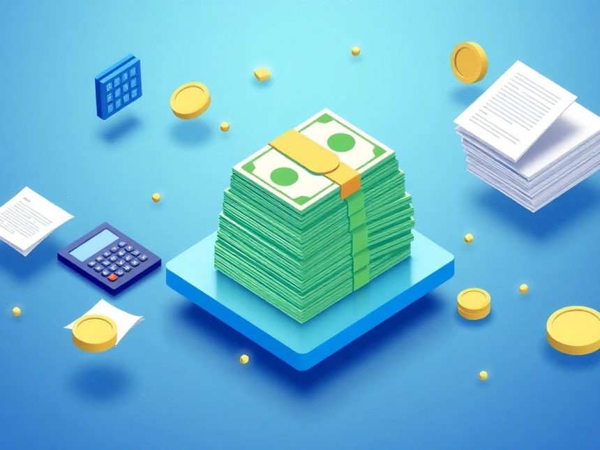 Isometric cash stack with floating tax-related elements.