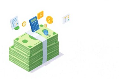 Isometric cash stack with tax-related floating elements.