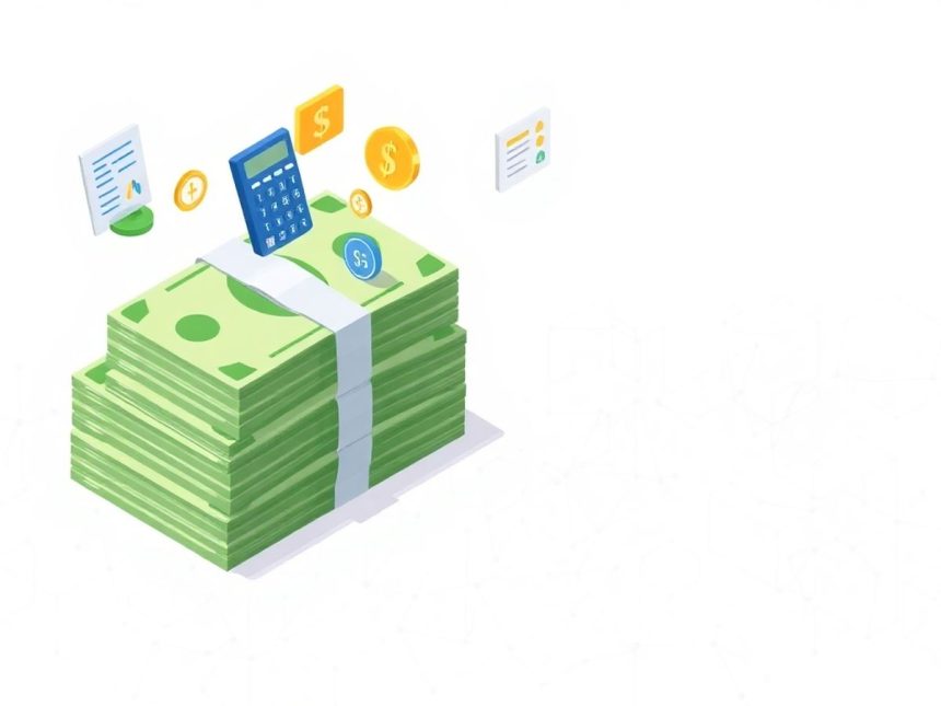 Isometric cash stack with tax-related floating elements.