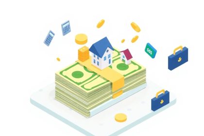 Isometric cash stack with floating business elements.