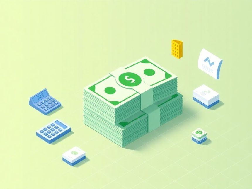 Isometric header image with cash and floating elements.