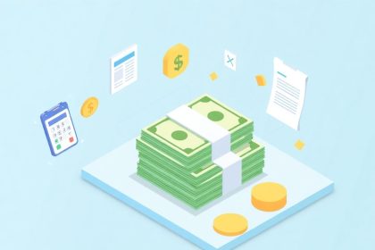 Isometric blog header with cash and floating elements.