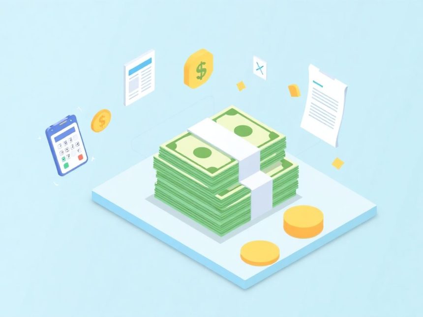 Isometric blog header with cash and floating elements.